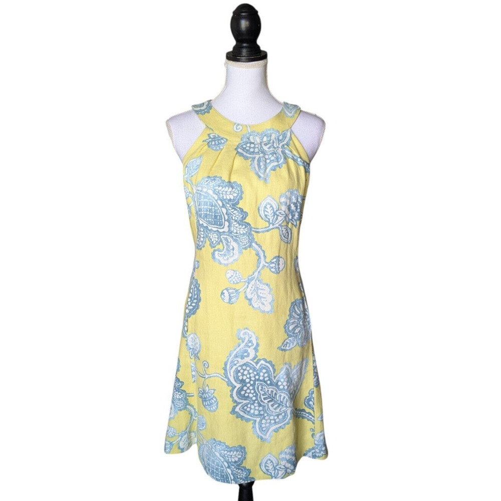 J McLaughlin Edie 100% Linen Yellow Blue Paisley Halter Neck Dress Sz 2 Pockets
